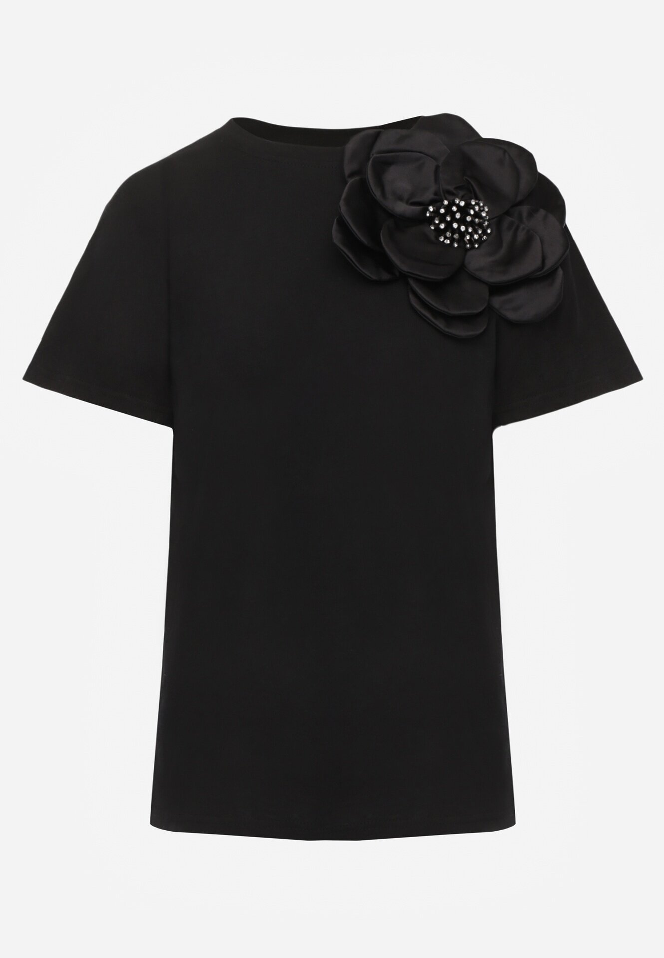  Bluză Neagră tip Tricou din Bumbac cu Mânecă Scurtă și Aplicație Floare Dimasa