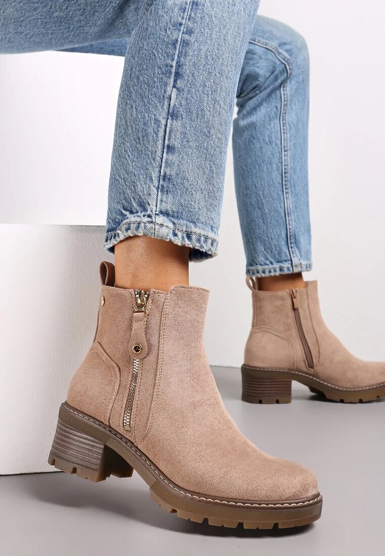  Botine bej închis cu toc gros cu fermoar decorativ Recusson