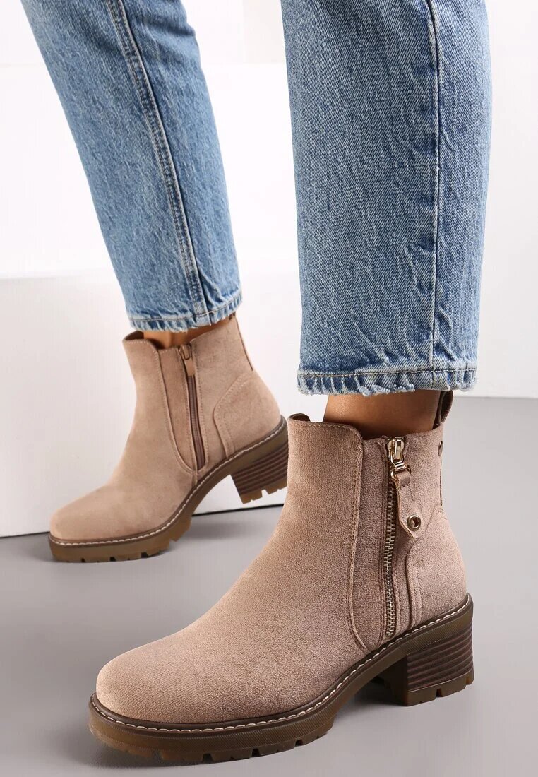  Botine bej închis cu toc gros cu fermoar decorativ Recusson