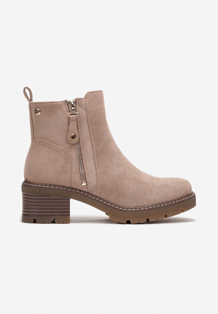  Botine bej închis cu toc gros cu fermoar decorativ Recusson