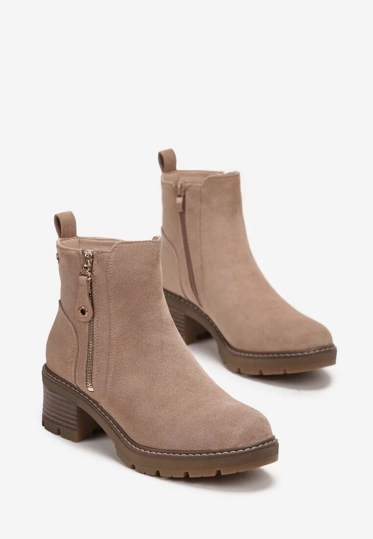  Botine bej închis cu toc gros cu fermoar decorativ Recusson