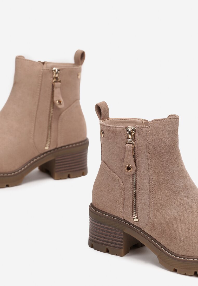  Botine bej închis cu toc gros cu fermoar decorativ Recusson