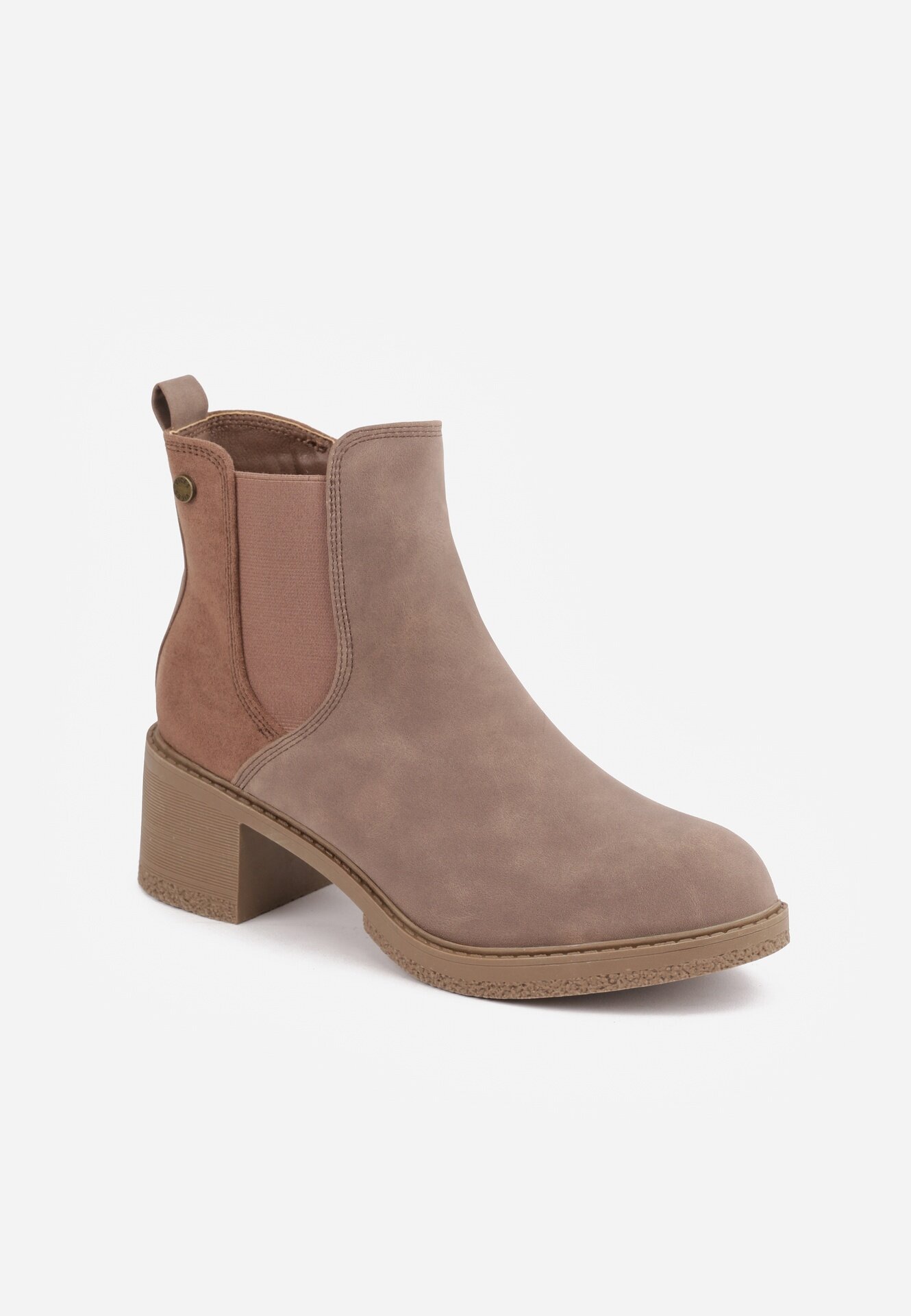  Botine Bej închis cu toc gros din piele întoarsă ecologică Otielo