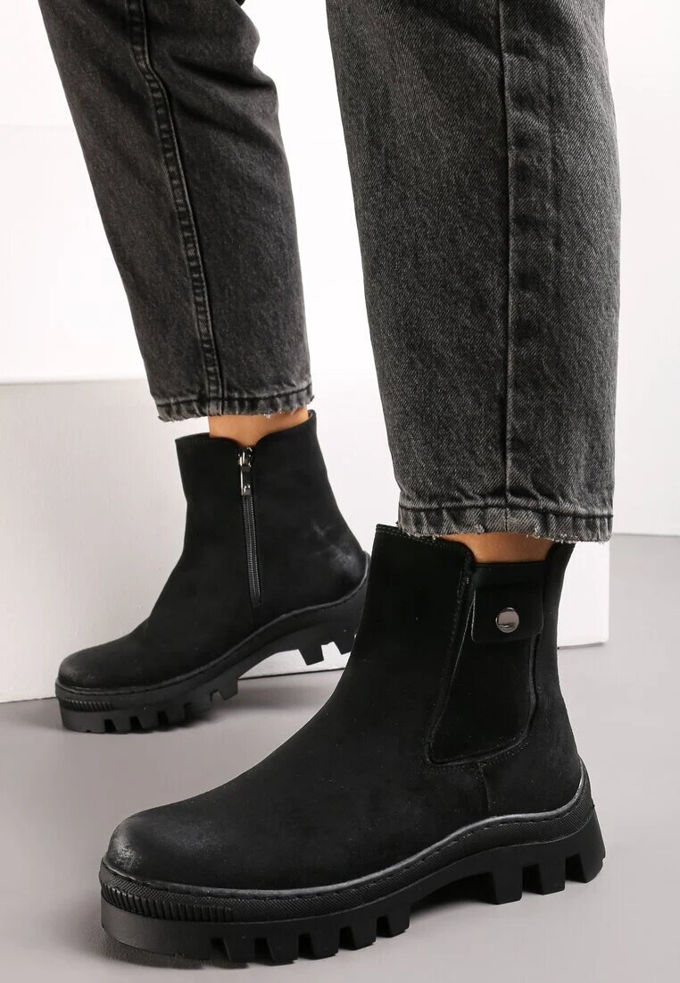  Botine Chelsea Negre din Piele Întoarsă Ecologică pe Talpă Groasă cu Protector Alske