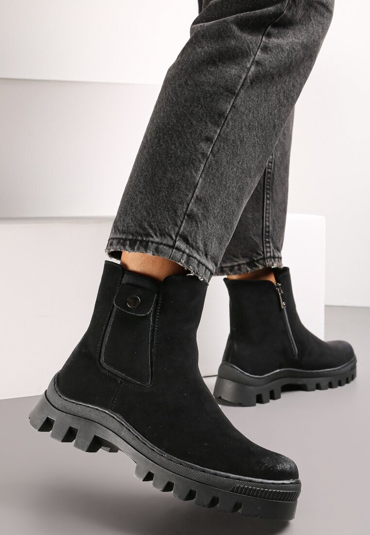  Botine Chelsea Negre din Piele Întoarsă Ecologică pe Talpă Groasă cu Protector Alske