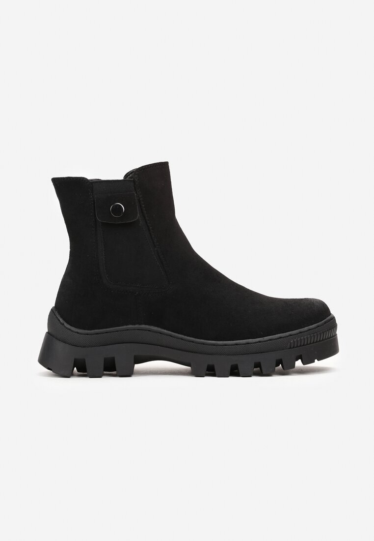  Botine Chelsea Negre din Piele Întoarsă Ecologică pe Talpă Groasă cu Protector Alske