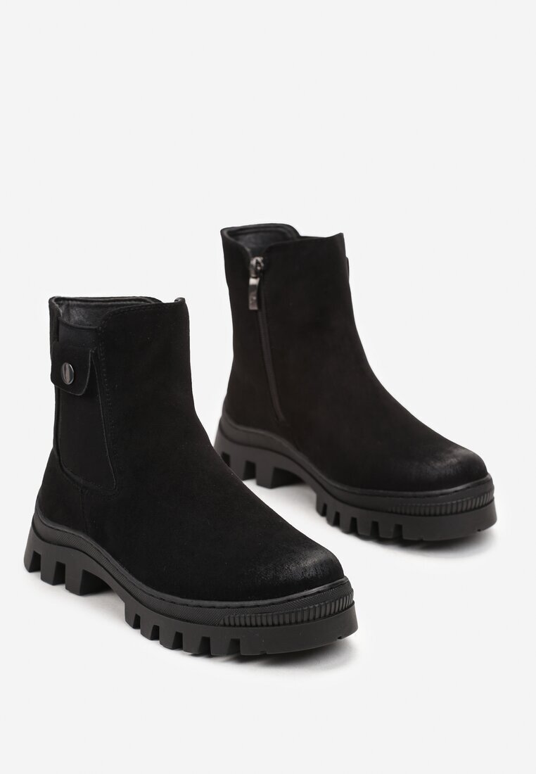  Botine Chelsea Negre din Piele Întoarsă Ecologică pe Talpă Groasă cu Protector Alske
