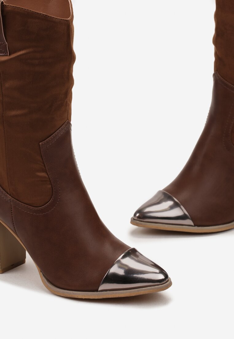  Botine Cowboy Maro cu toc cu vârf metalic ascuțit Cascatha
