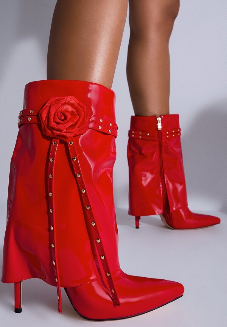  Botine Czerwone Lăcuite cu Carâmb care imită cracul pe Toc Subțire cu Floare Decorativă Lotiala