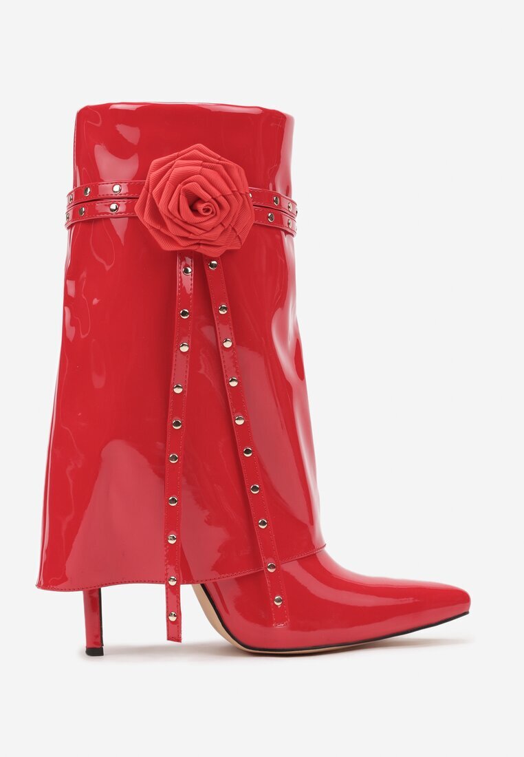  Botine Czerwone Lăcuite cu Carâmb care imită cracul pe Toc Subțire cu Floare Decorativă Lotiala