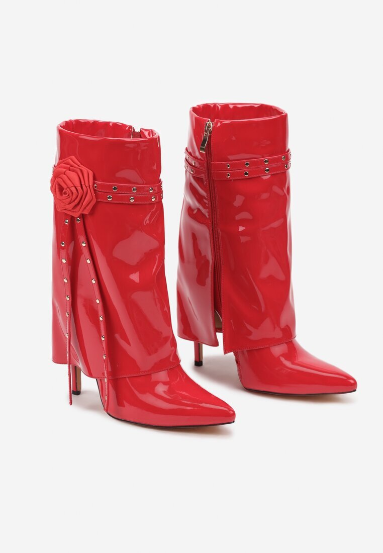  Botine Czerwone Lăcuite cu Carâmb care imită cracul pe Toc Subțire cu Floare Decorativă Lotiala