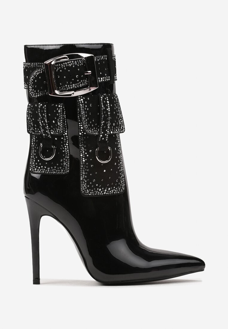  Botine Negre Biker cu Toc Stiletto Decorate cu Strasuri și Imitație de Buzunare Anseella