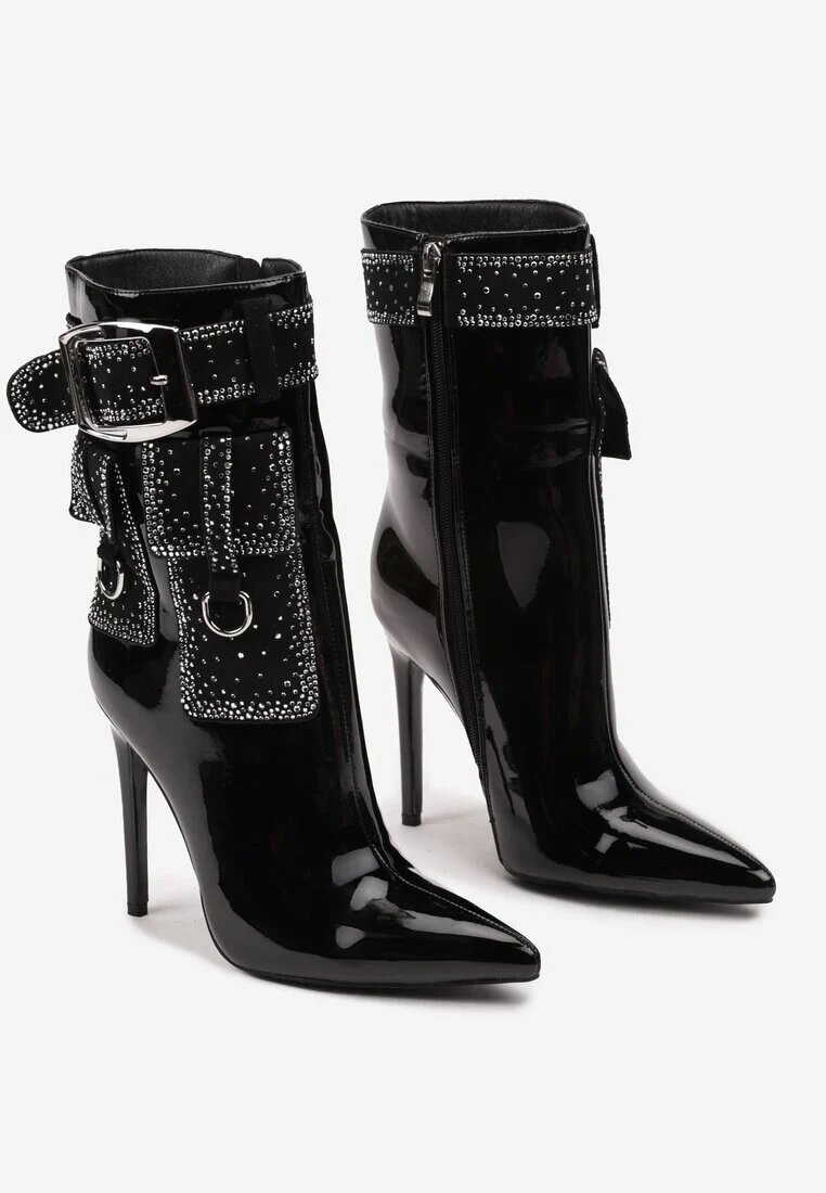  Botine Negre Biker cu Toc Stiletto Decorate cu Strasuri și Imitație de Buzunare Anseella