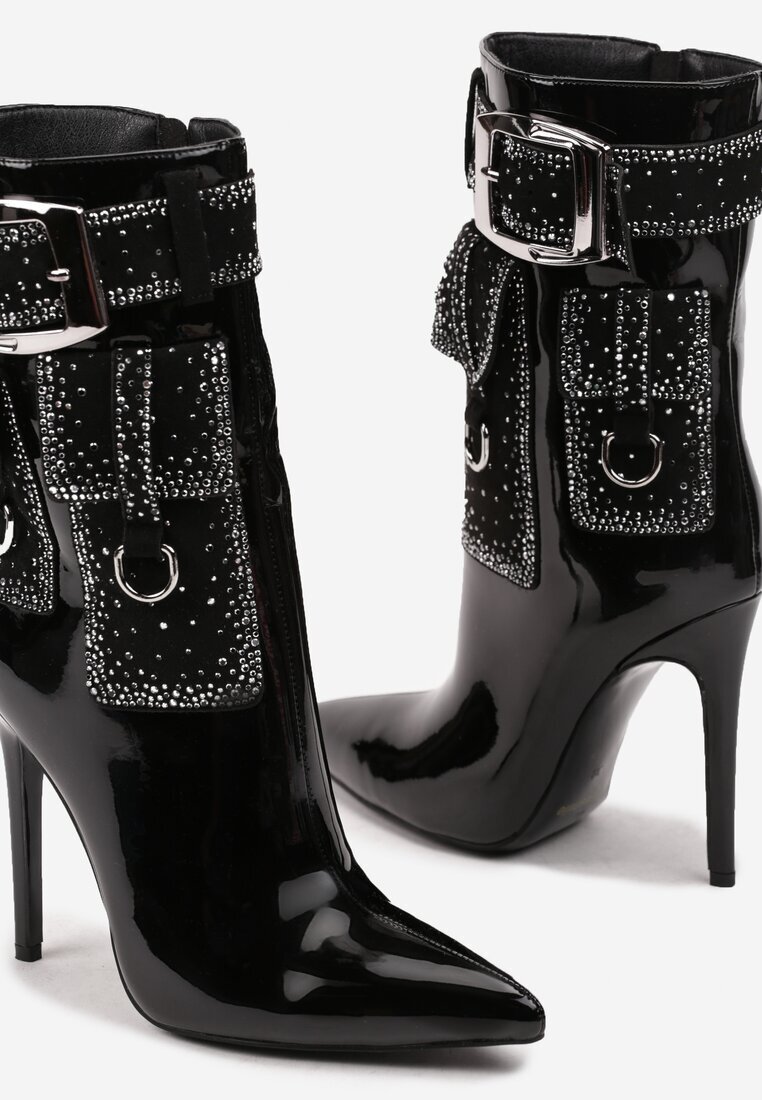  Botine Negre Biker cu Toc Stiletto Decorate cu Strasuri și Imitație de Buzunare Anseella