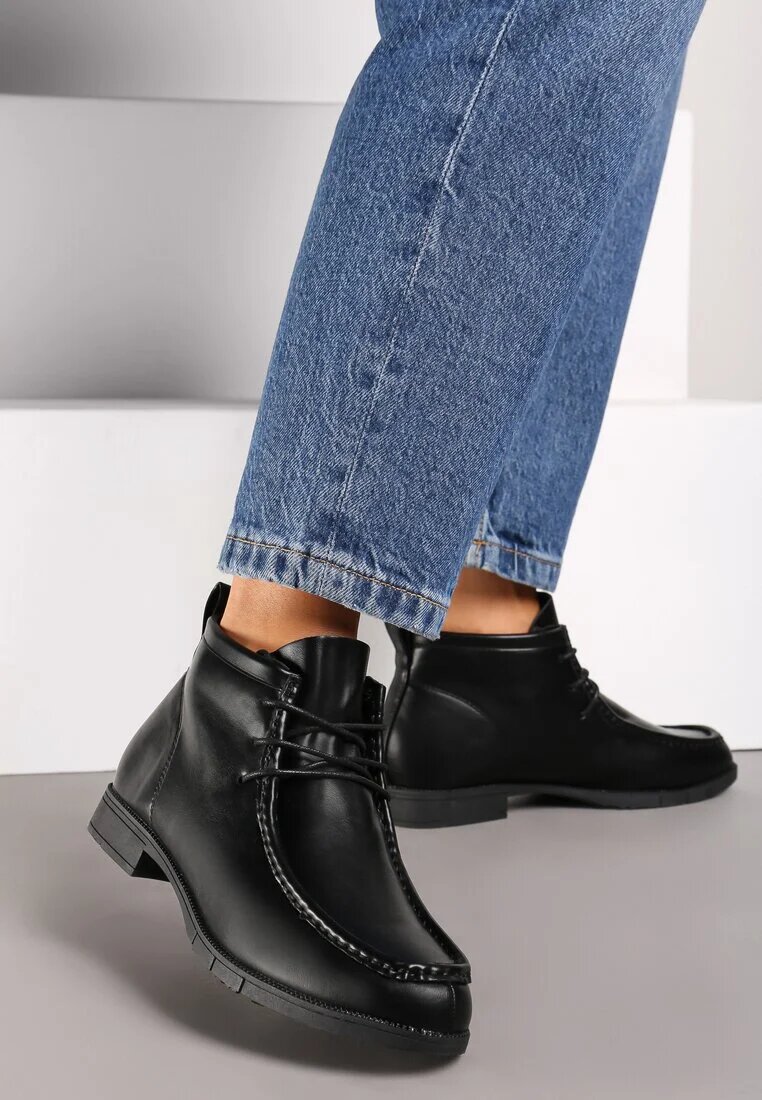  Botine Negre cu Talpă Plată cu Șireturi Decorate cu Cusături Itterisa