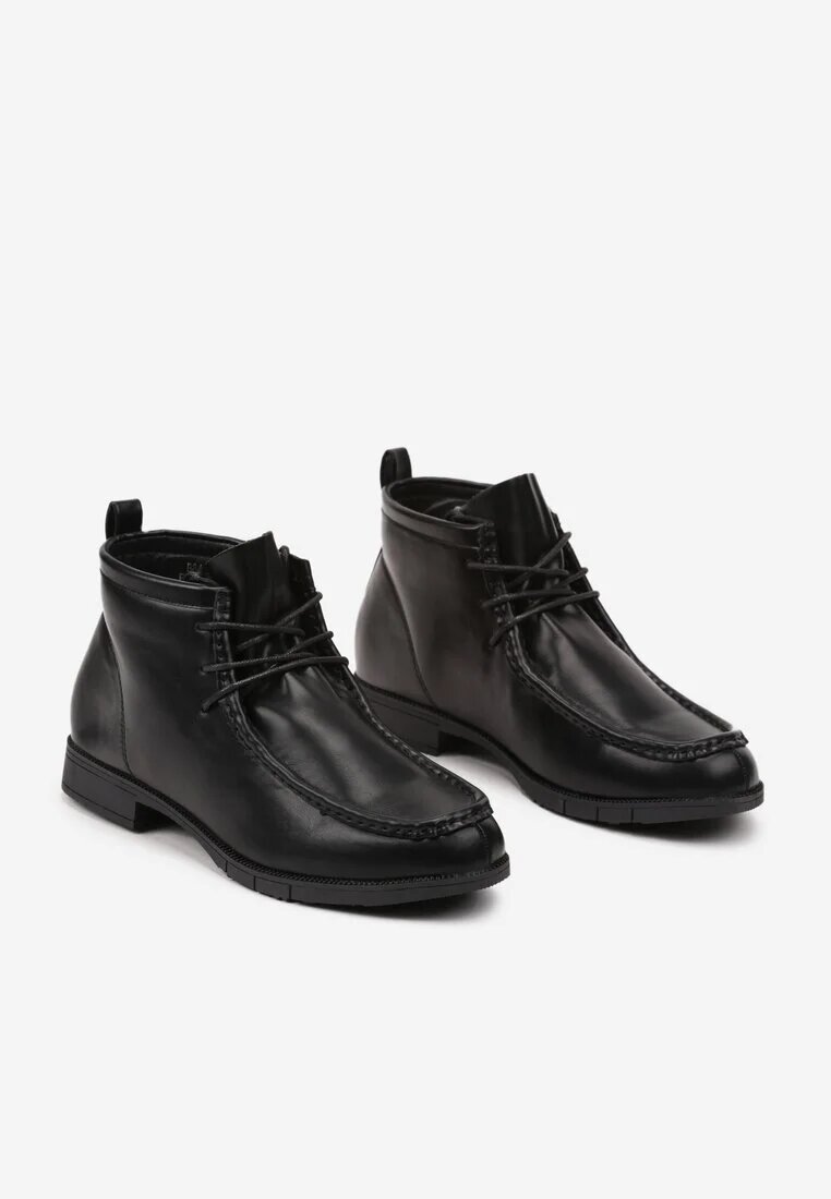  Botine Negre cu Talpă Plată cu Șireturi Decorate cu Cusături Itterisa