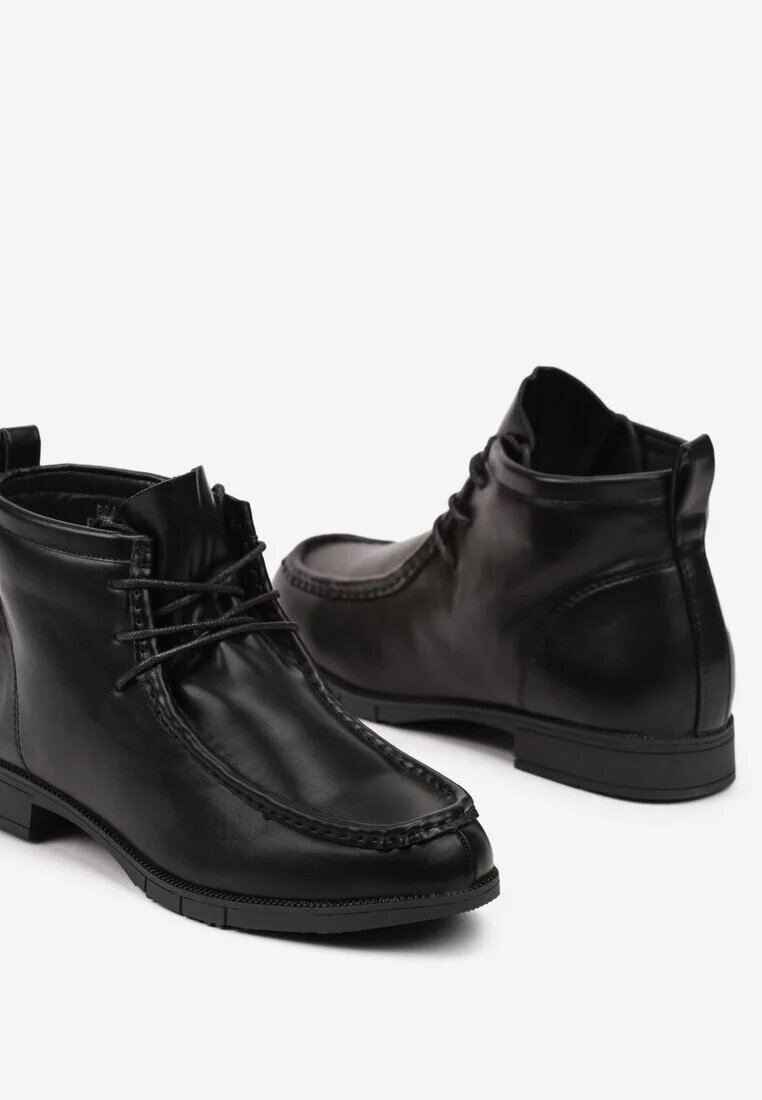  Botine Negre cu Talpă Plată cu Șireturi Decorate cu Cusături Itterisa