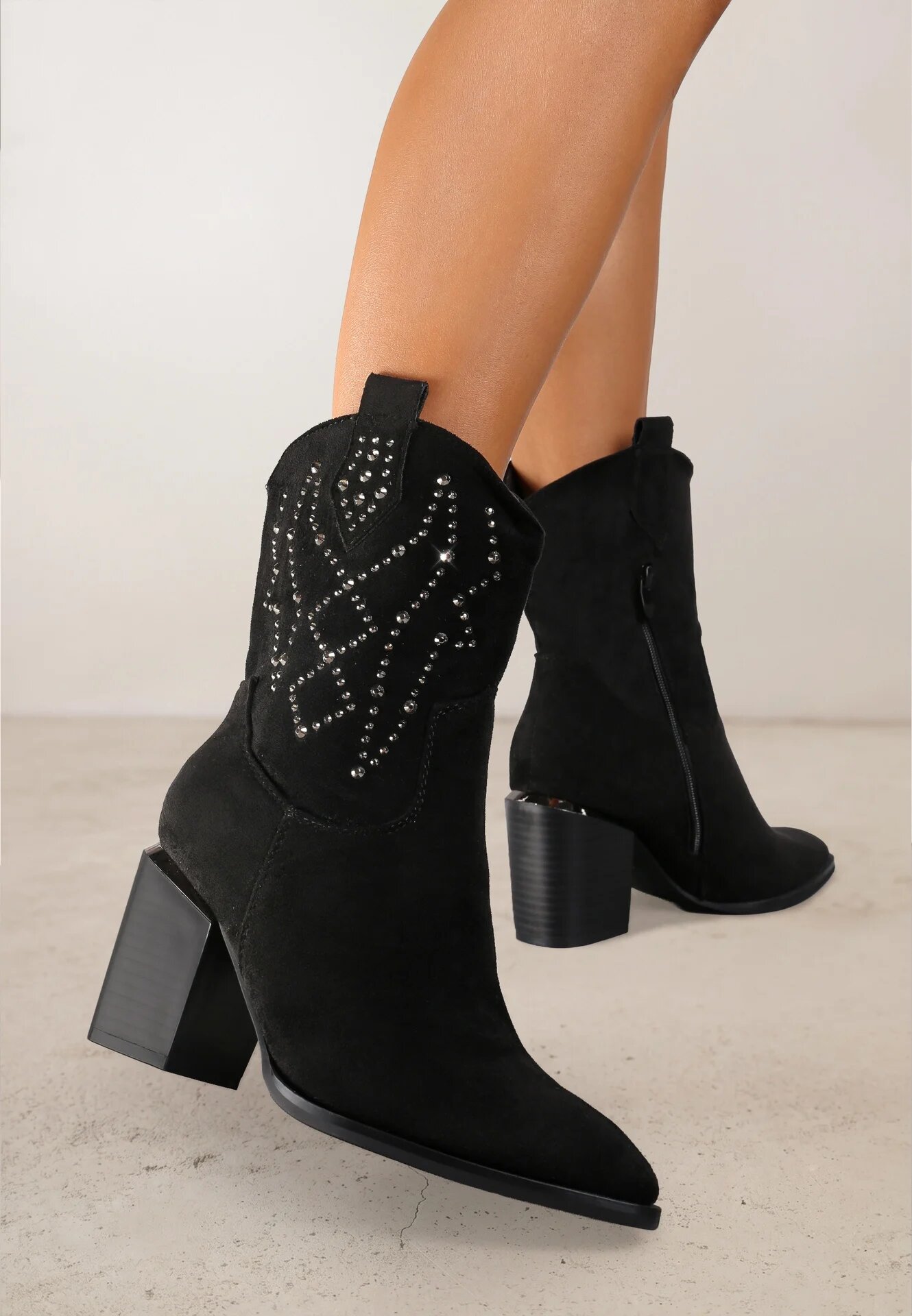  Botine Negre cu toc bloc stil cowboy Irilianne