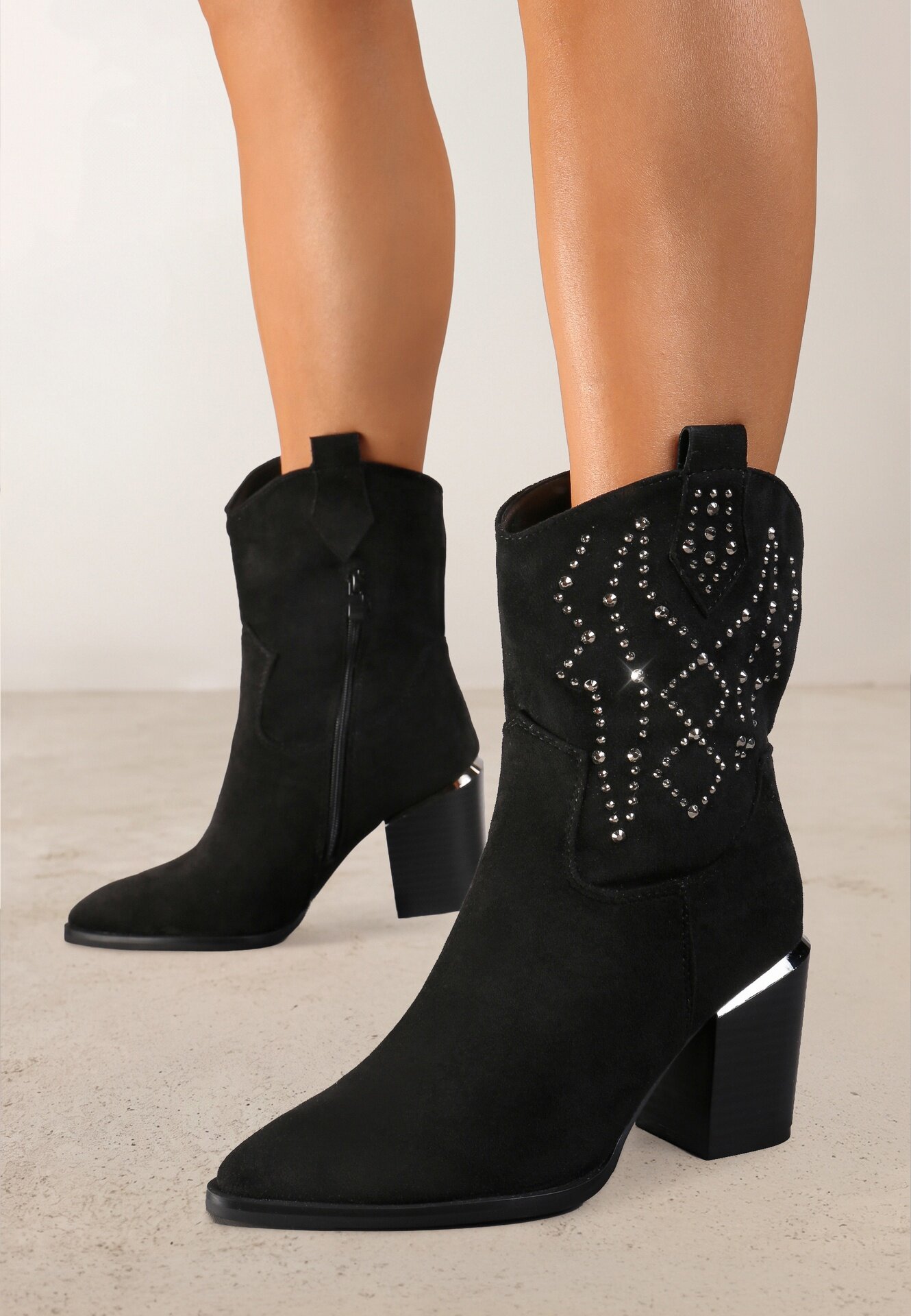  Botine Negre cu toc bloc stil cowboy Irilianne