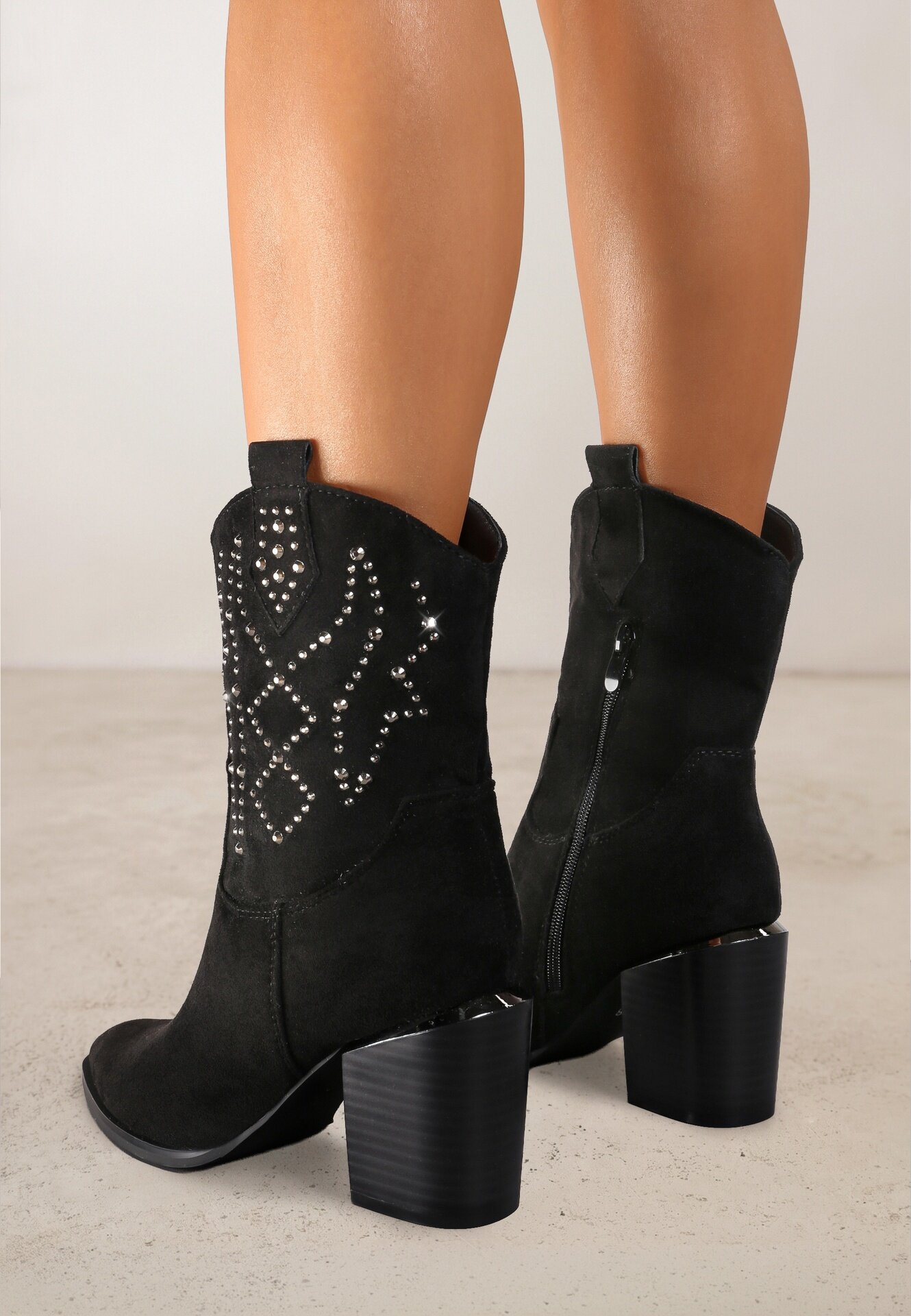  Botine Negre cu toc bloc stil cowboy Irilianne
