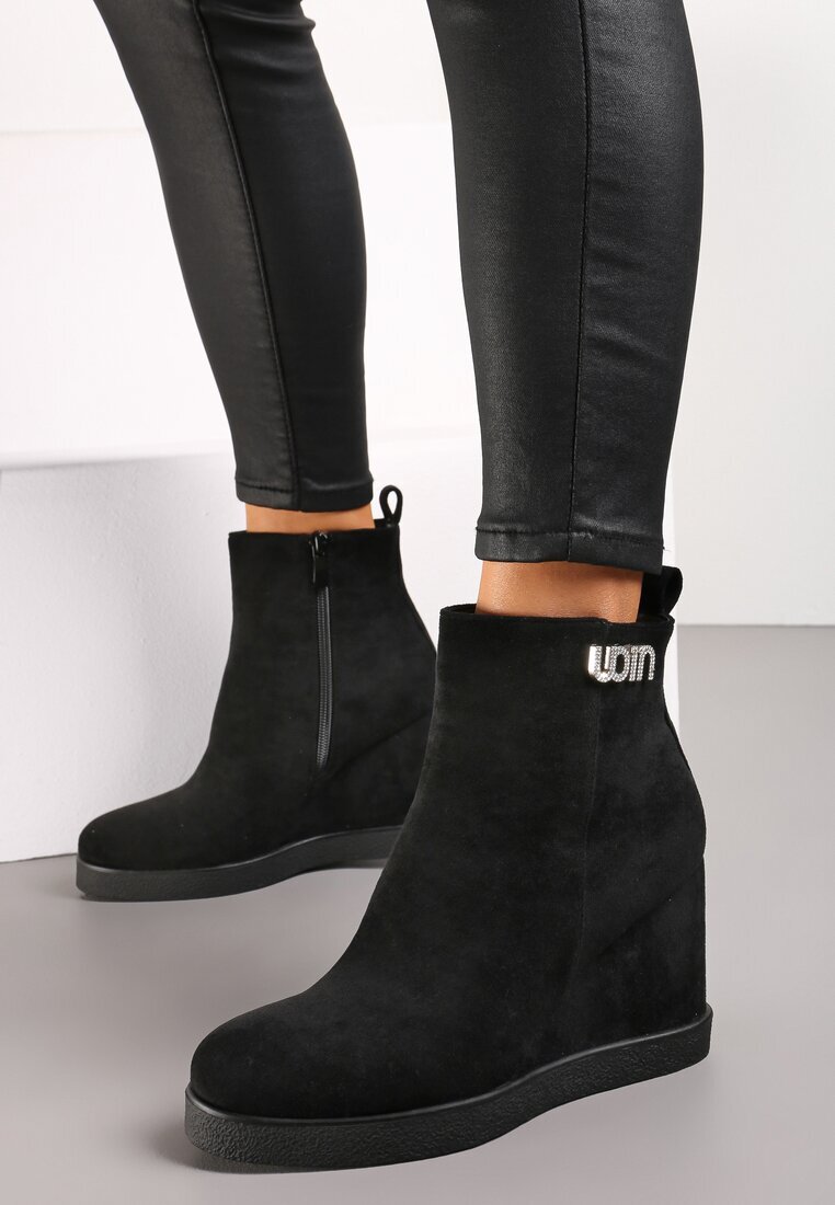  Botine Negre decorate cu zirconii pe toc pană Calgrana