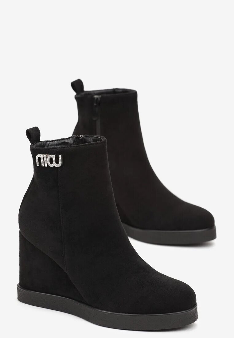  Botine Negre decorate cu zirconii pe toc pană Calgrana