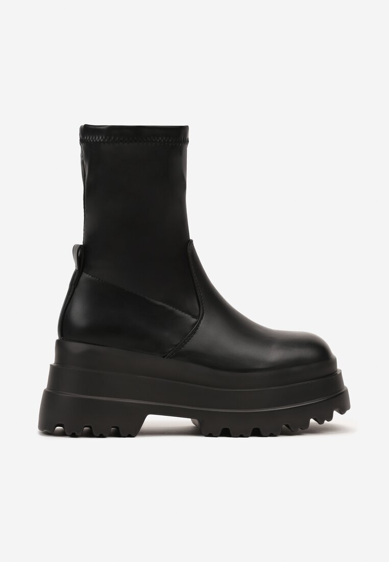  Botine Negre pe Platformă Dublă cu Gambă Aderentă Belariel Negre
