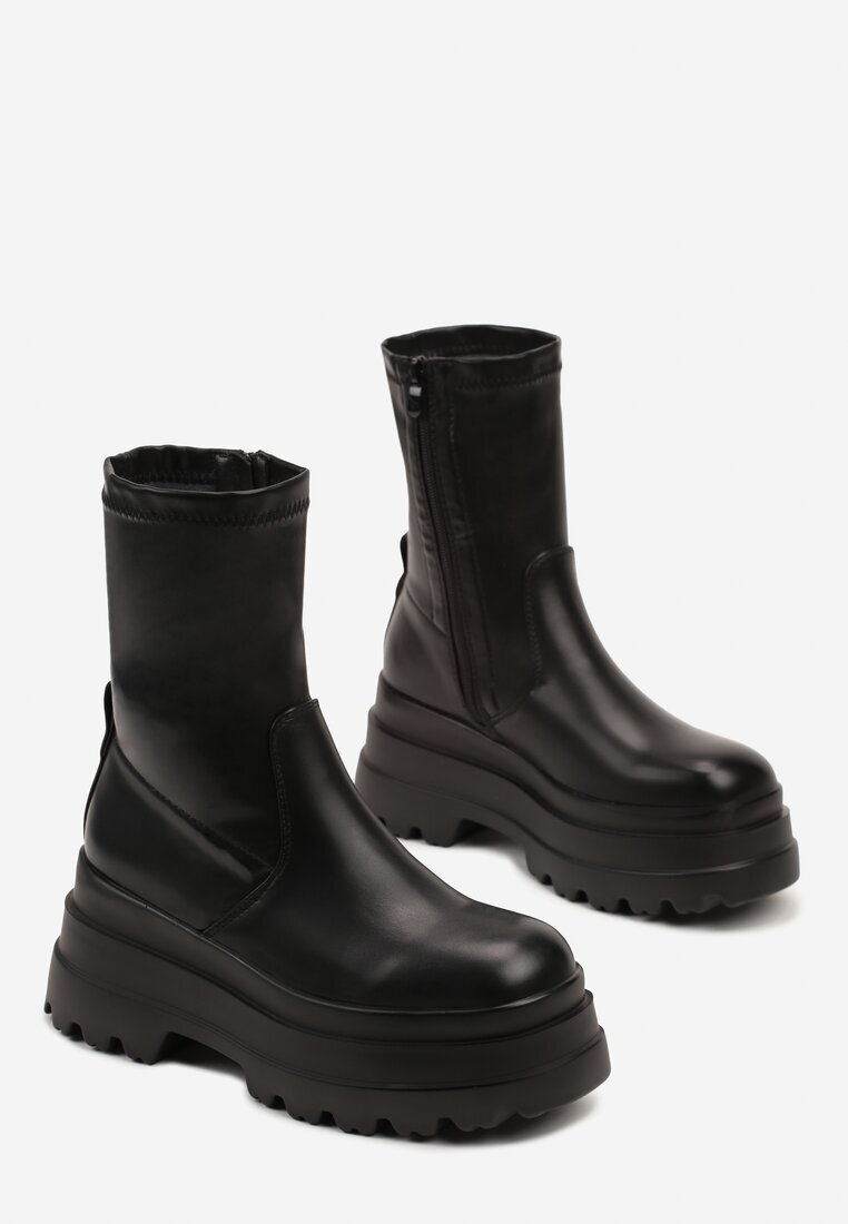  Botine Negre pe Platformă Dublă cu Gambă Aderentă Belariel Negre