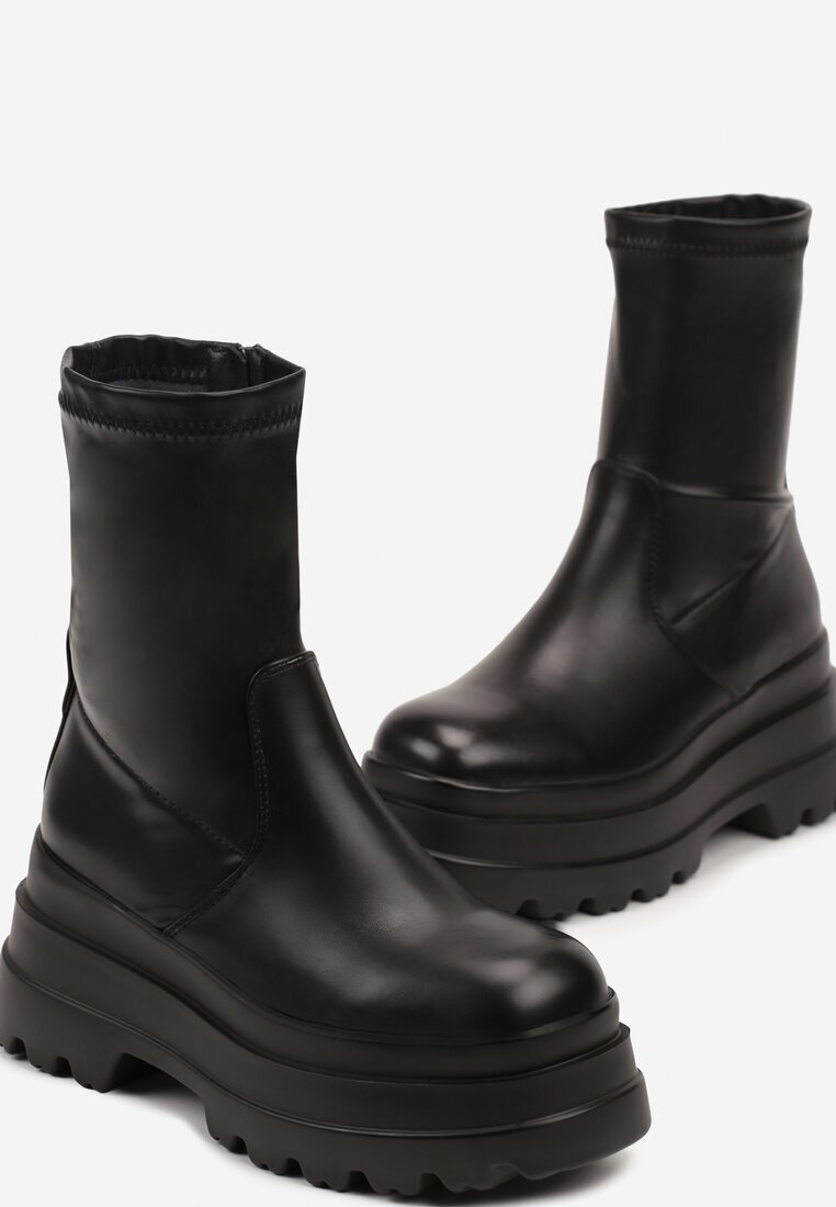  Botine Negre pe Platformă Dublă cu Gambă Aderentă Belariel Negre