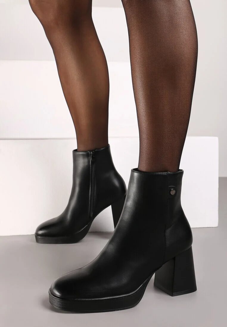  Botine Negre pe Toc gros Decorate cu Vârf pătrat Ansilena