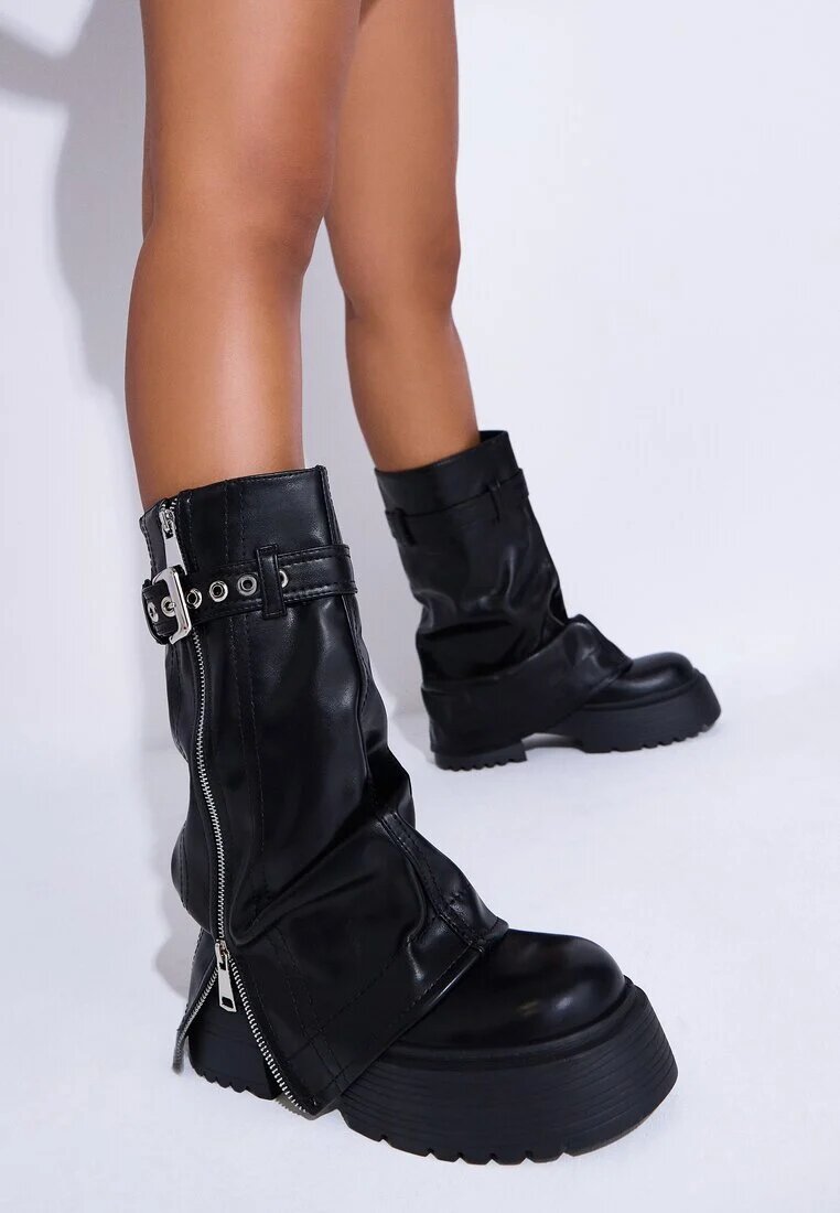  Botine Negre Rock cu platformă cu curea decorativă și fermoar și parte superioară răsfrântă Merine
