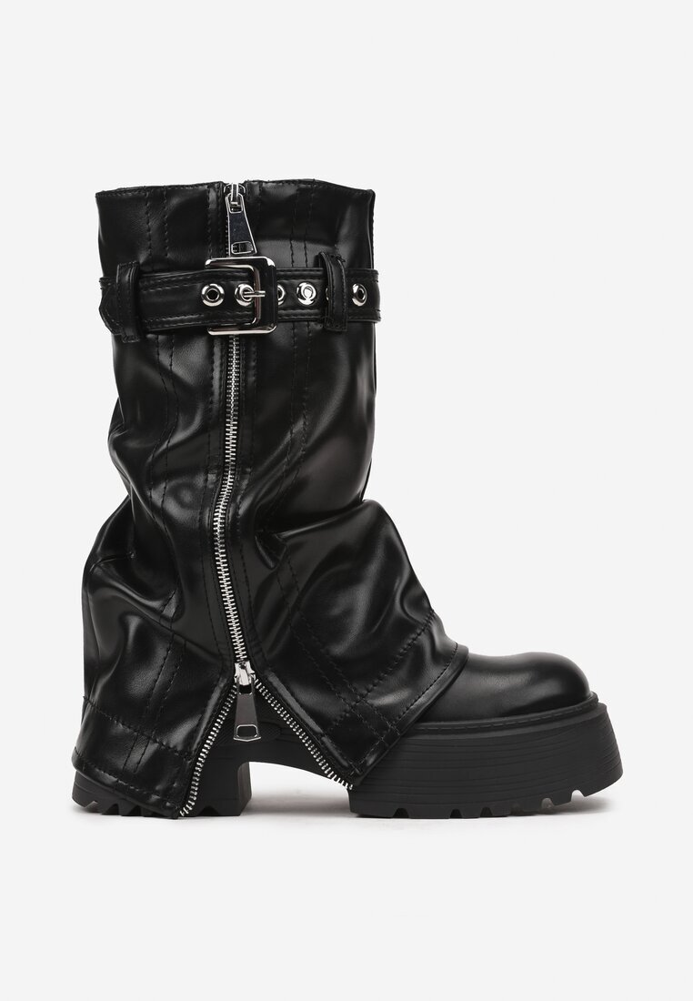  Botine Negre Rock cu platformă cu curea decorativă și fermoar și parte superioară răsfrântă Merine