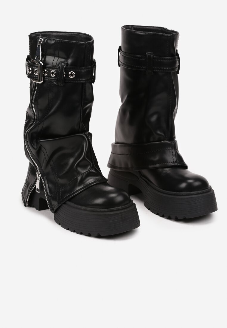  Botine Negre Rock cu platformă cu curea decorativă și fermoar și parte superioară răsfrântă Merine