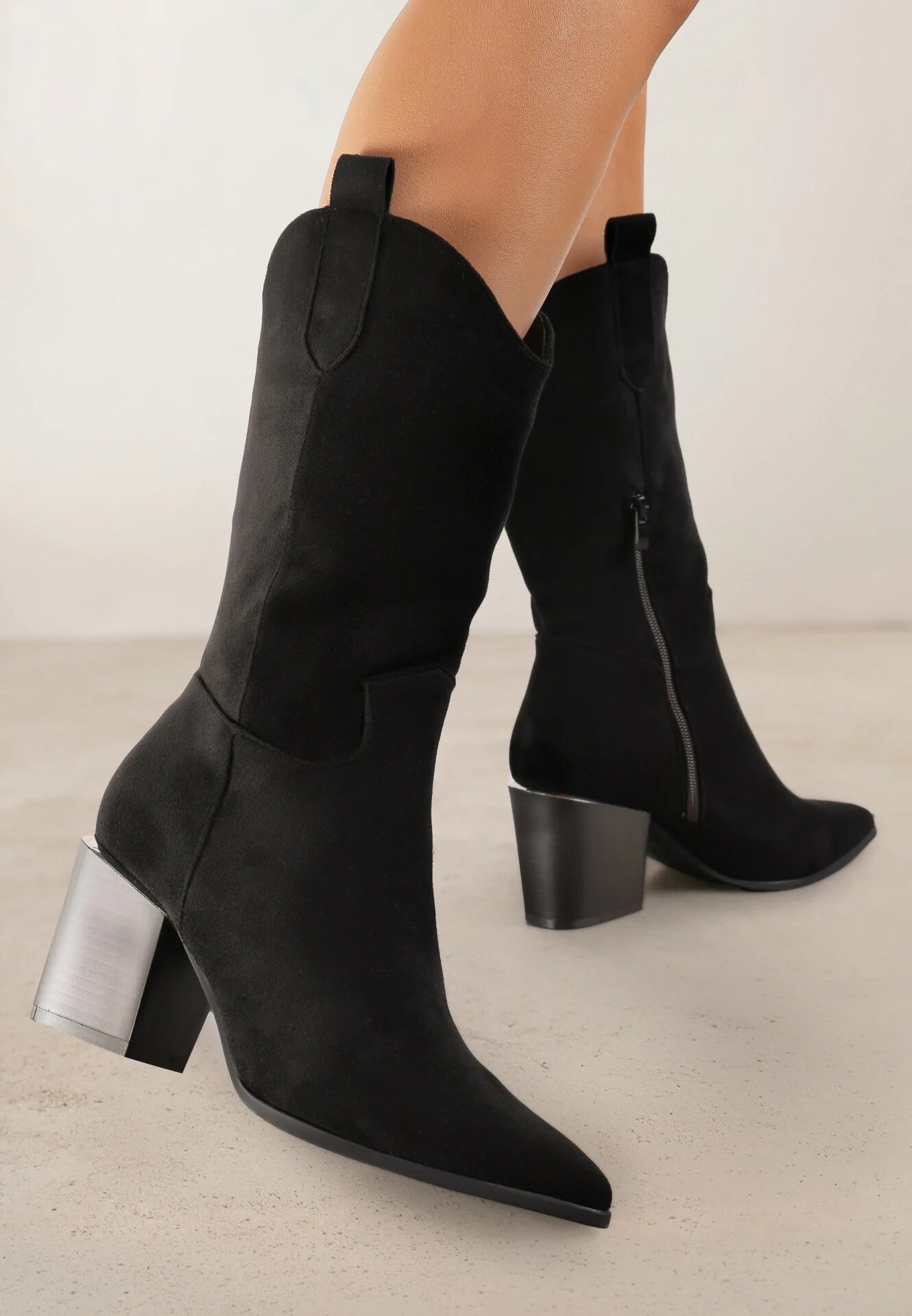  Botine Negre Stil cowboy Cu toc Cu carâmb lung Mabilla