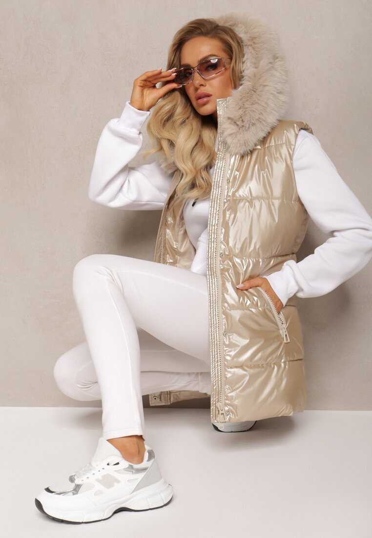 bright girl Vestă Matlasată Bej deschis cu Glugă și Blană Decorativă Alephne