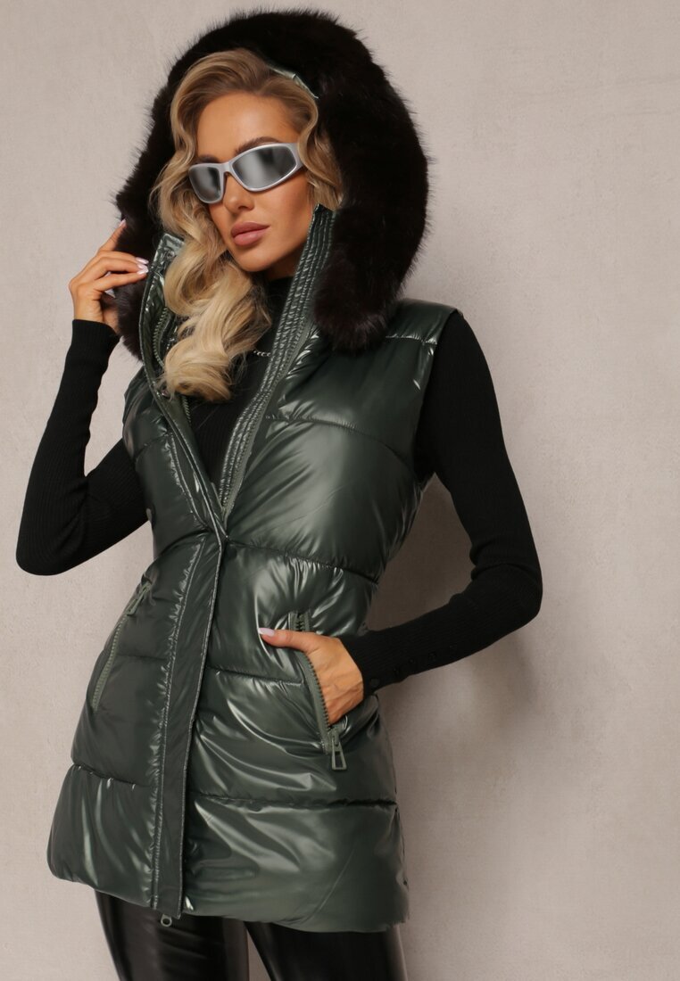 bright girl Vestă Verde Matlasată cu Glugă și Blană Decorativă Alephne