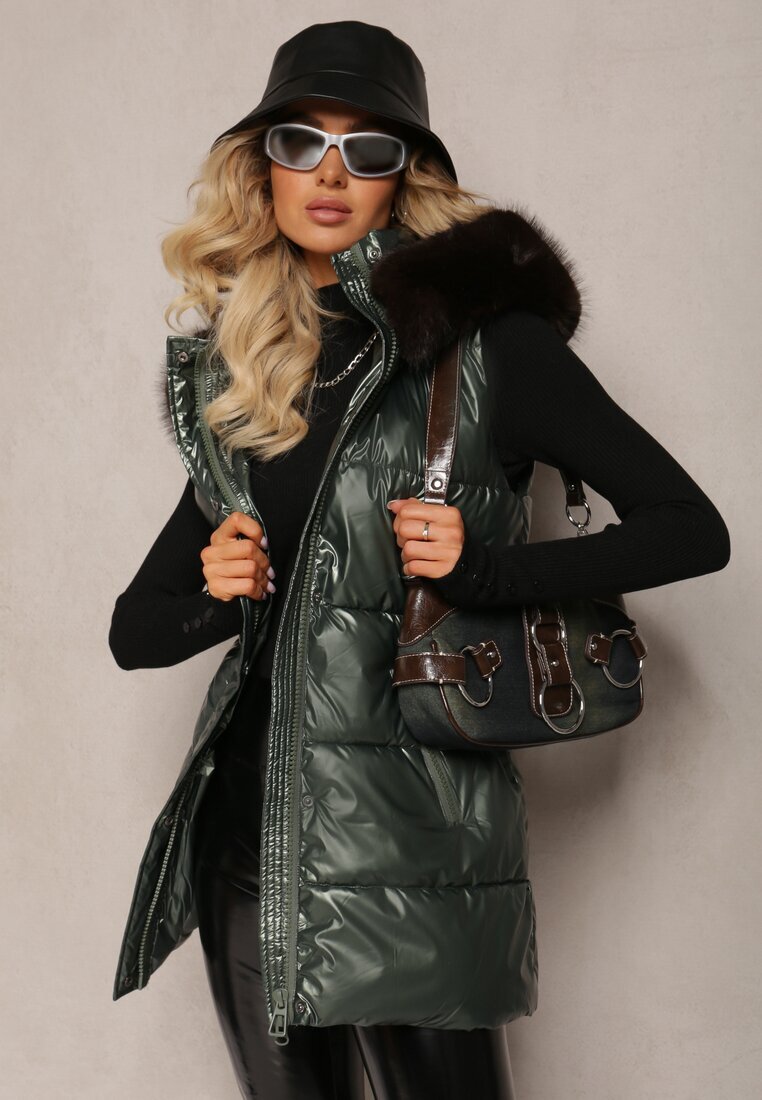 bright girl Vestă Verde Matlasată cu Glugă și Blană Decorativă Alephne