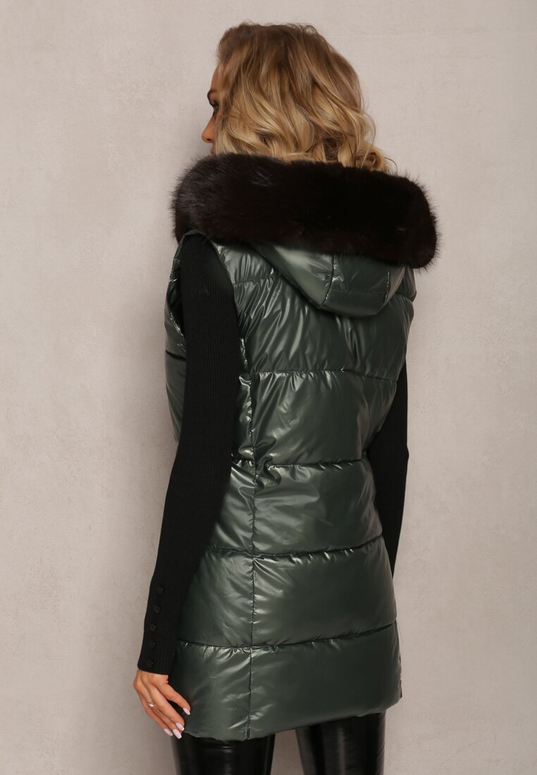 bright girl Vestă Verde Matlasată cu Glugă și Blană Decorativă Alephne