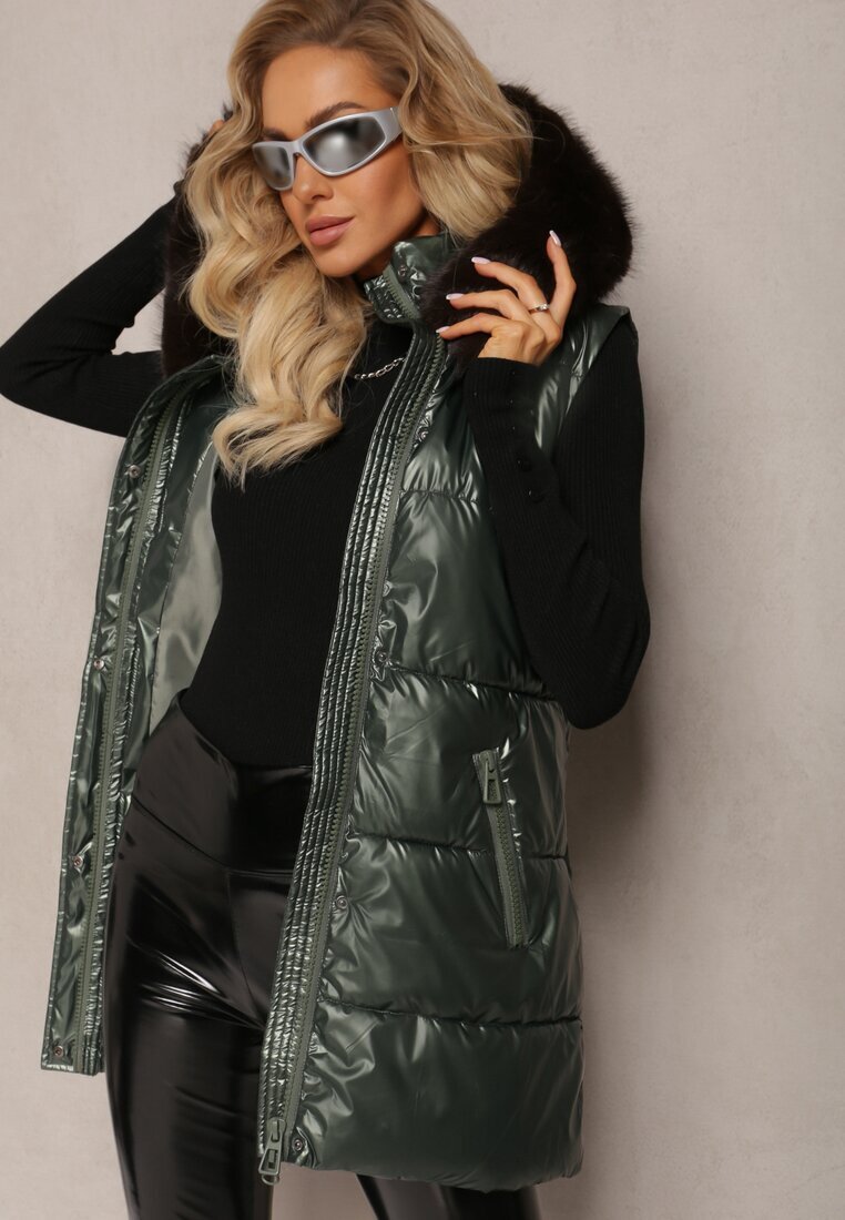 bright girl Vestă Verde Matlasată cu Glugă și Blană Decorativă Alephne