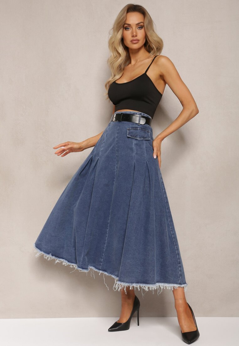 by may Fustă Bleumarin Evazată din Denim cu Curea Inclusă Grinna