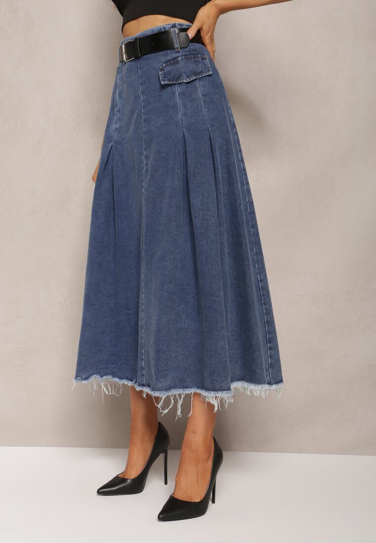 by may Fustă Bleumarin Evazată din Denim cu Curea Inclusă Grinna