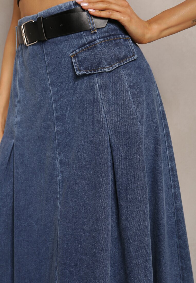 by may Fustă Bleumarin Evazată din Denim cu Curea Inclusă Grinna