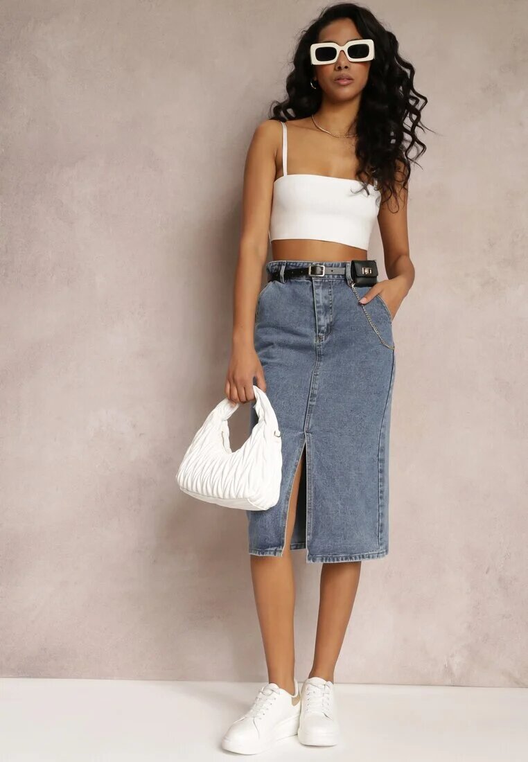 by may Fustă Creion Albastră Denim cu Slit și Curea cu Borsetă Misitra