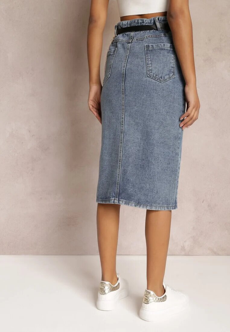 by may Fustă Creion Albastră Denim cu Slit și Curea cu Borsetă Misitra
