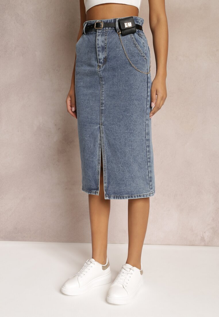 by may Fustă Creion Albastră Denim cu Slit și Curea cu Borsetă Misitra