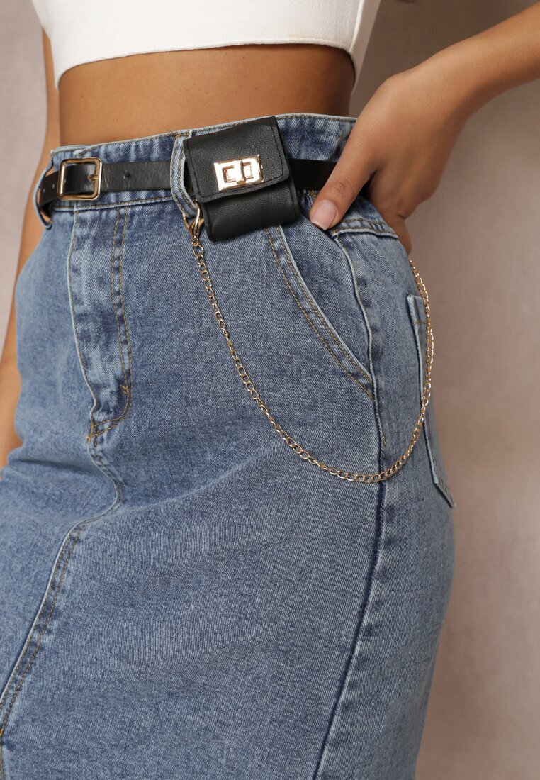 by may Fustă Creion Albastră Denim cu Slit și Curea cu Borsetă Misitra