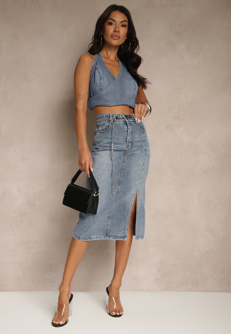 by may Fustă Denim Bleumarin din Bumbac cu Lanț Lilurea