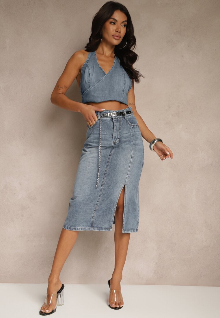 by may Fustă Denim Bleumarin din Bumbac cu Lanț Lilurea