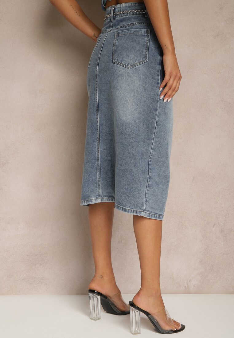 by may Fustă Denim Bleumarin din Bumbac cu Lanț Lilurea