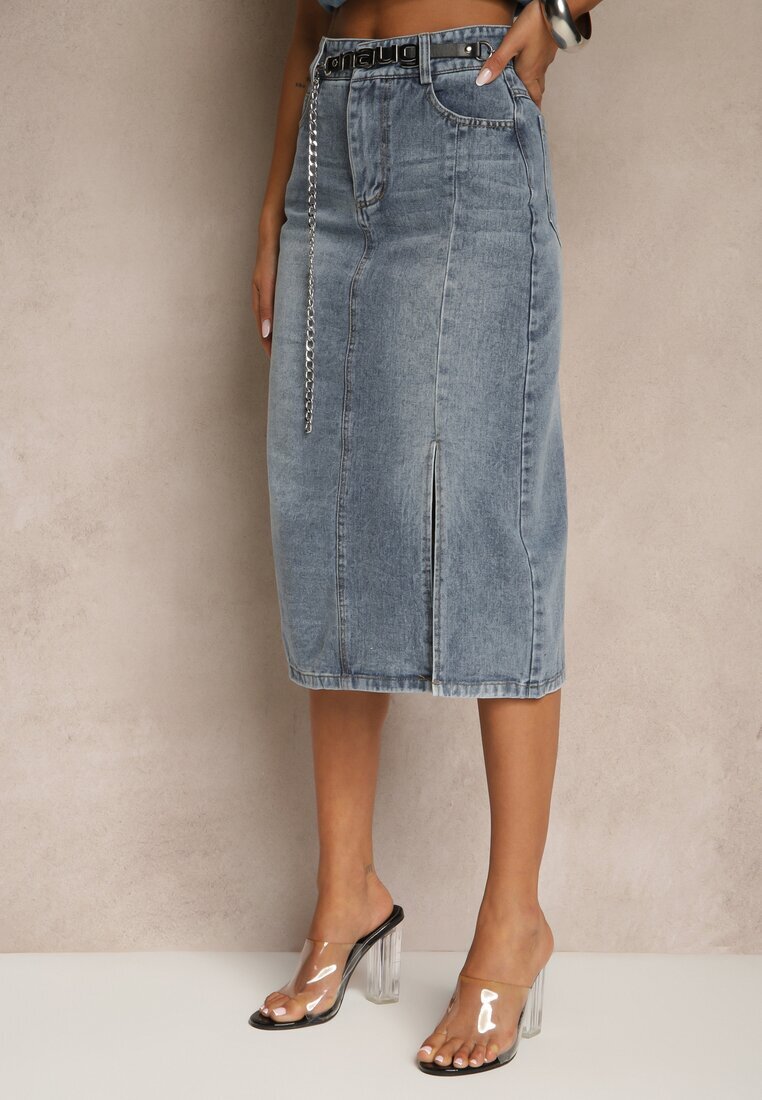 by may Fustă Denim Bleumarin din Bumbac cu Lanț Lilurea